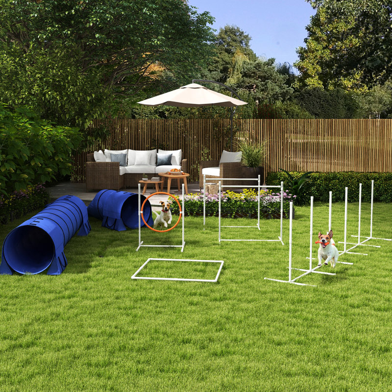 Entraînement d'agilité pour chien 7 pièces avec tunnels, haies ajustables, anneau de saut, poteaux de tissage, boîte de pause et sifflet, mélange