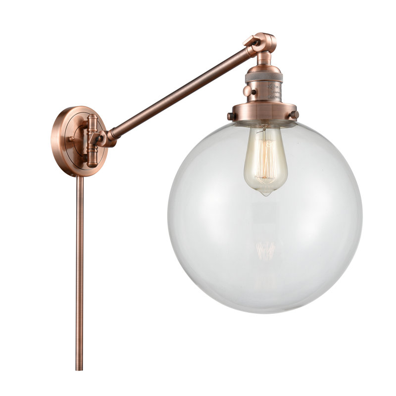 Bras articulé à 1 lumière à intensité variable Antsje, Ampoule incandescente rétro de 60 watts, Transparent, Cuivre antique