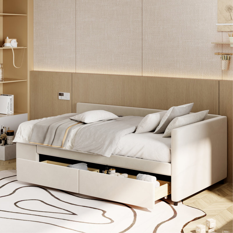 Lit plateforme simple tapissier en forme de L avec rangement et tiroirs, Beige
