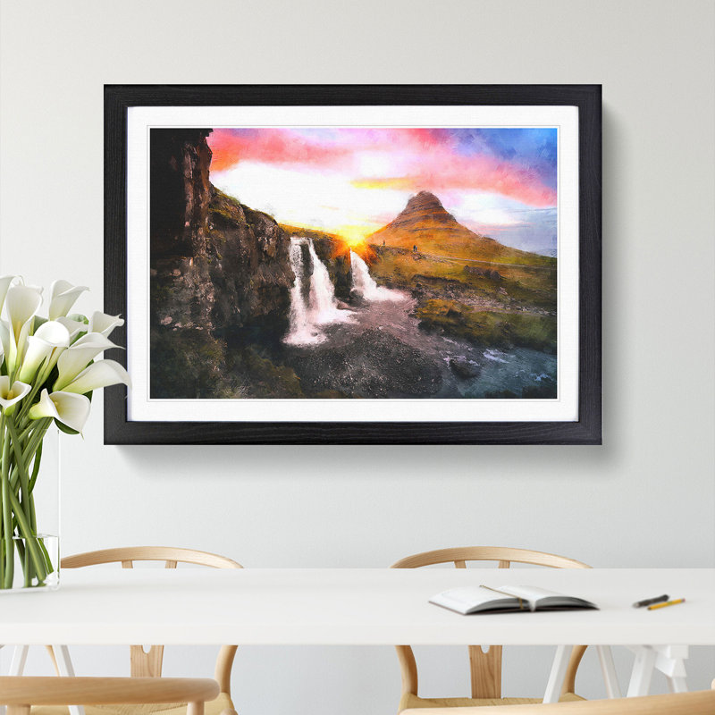 Kirkjufell Waterfalls and Mountain - Picture Frame Painting Print, Black Framed, 62cm H x 87cm W x 2cm D