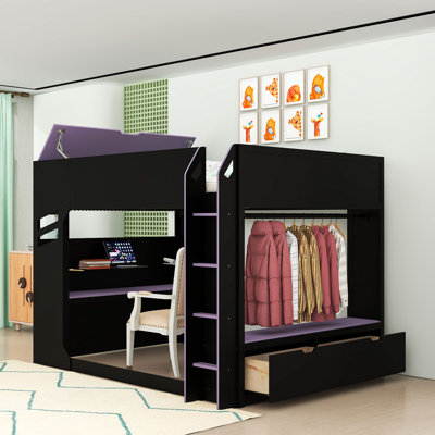 Full Wooden Loft Bed with Lights, Drawers and Desk