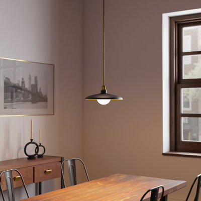 1-Light Matte Black and Brass Pendant Light with Removeable Etched Glass Shade