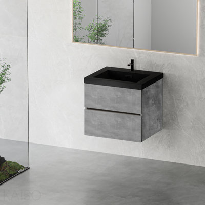 Meuble-lavabo flottant 24 po avec lavabo, meuble-lavabo mural avec lavabo à quartz noir et tiroirs à fermeture douce, meuble-lavabo gris Edi-Series entièrement assemblé