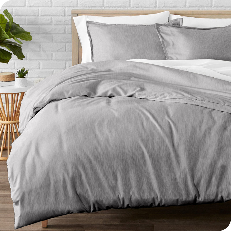 100% Cotton Flannel Duvet Cover Set, King Duvet Cover + 2 King Shams, Heather Light Gray