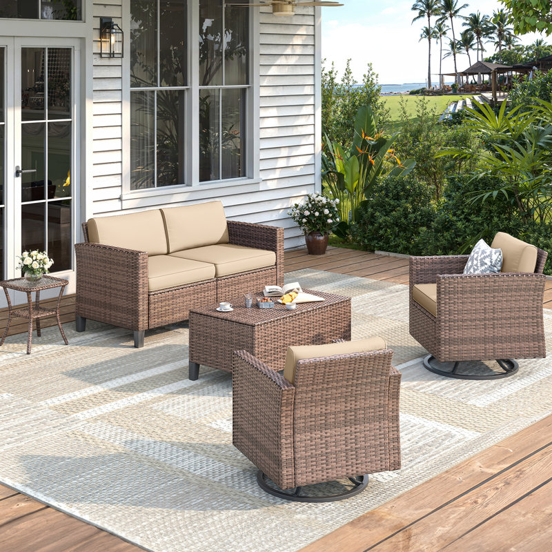 4-Person Outdoor Patio Conversation Set With Storage Coffee Table – Galvanized Steel Frame, PE Rattan, 4" Quick-Dry Cushions