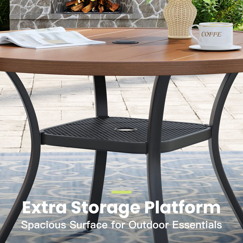 41" Round Patio Table With Storage Shelf, Brush Wood Brown