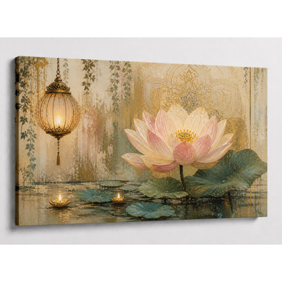 Grande lanterne de lotus, art mural Boho, peinture florale spirituelle pour salon, méditation, impression sur toile 24 x 36 pouces - prête à être accrochée