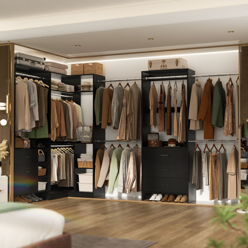 63.1‘’ - 108‘’ W Closet System with Wooden Drawers and Hanging Rods(Cut to Suit), Black