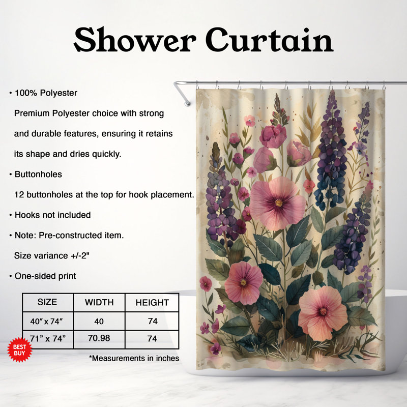 Rideau de douche 1 pièce Rustic Petals, H 74 po x l 71 po