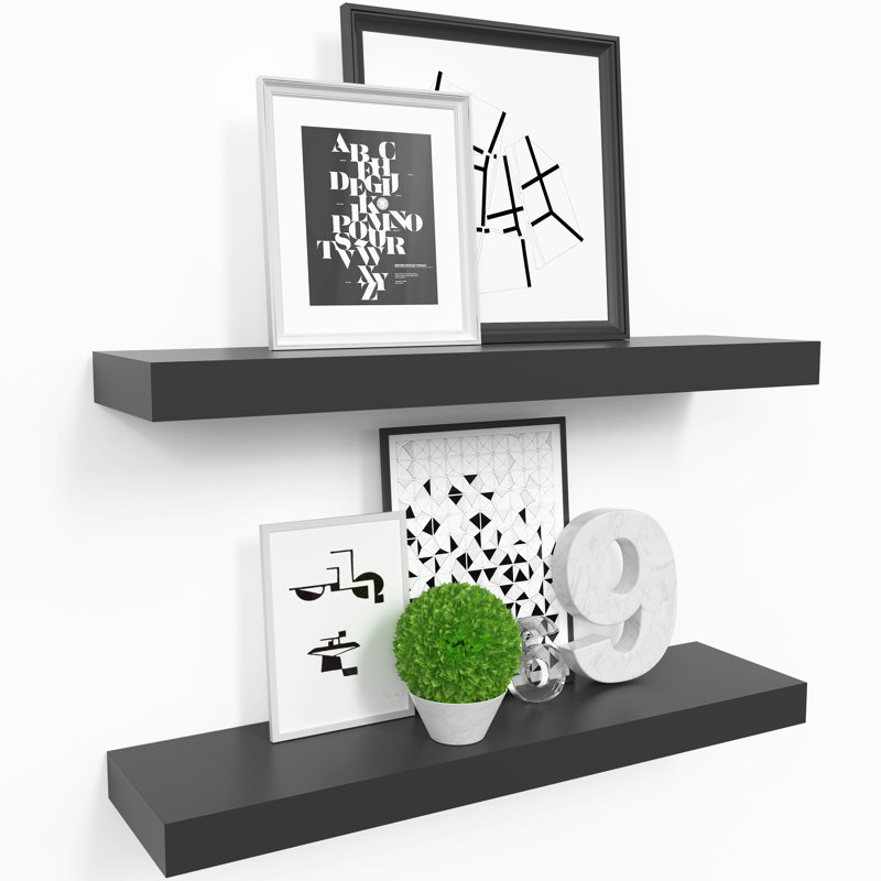 Black Veneered Wood Floating Wall Shelves with Invisible Brackets, Set of 2