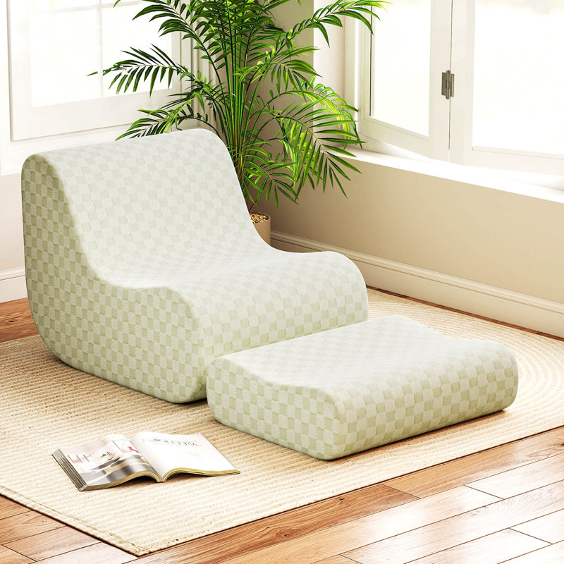  Fauteuil à billes avec repose-pieds en éponge haute élasticité antidérapante et housse en velours vert, Vert