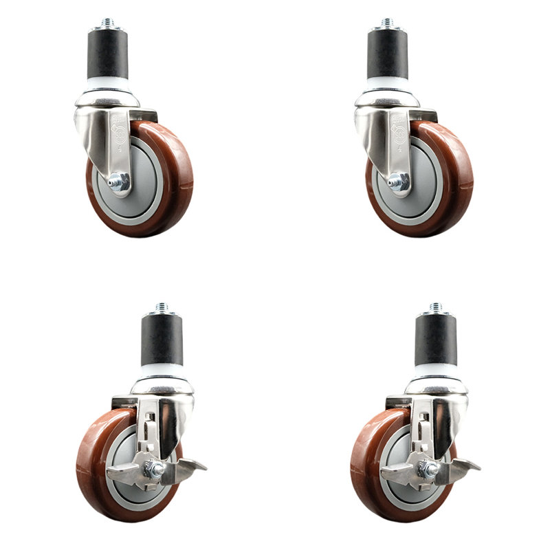 Ensemble de roulettes extensibles en polyuréthane rotatif à tige variable de 4 pouces et 1 3/16 po à 3 freins SCC, Jaune