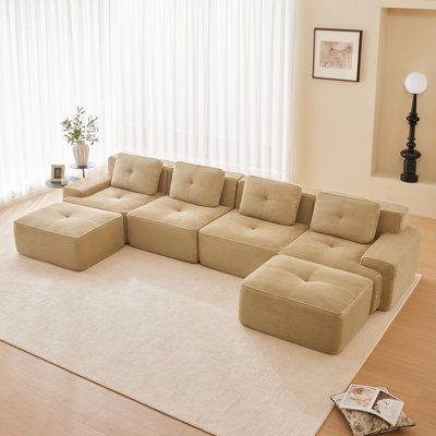 Canapé modulaire en U de 153 po pour salon modulaire en tissu de velours côtelé de 153 po avec siège profond et repose-pieds mobile à 2 places, passepoil perlé, conception capitonnée, sans assemblage, conception antidérapante