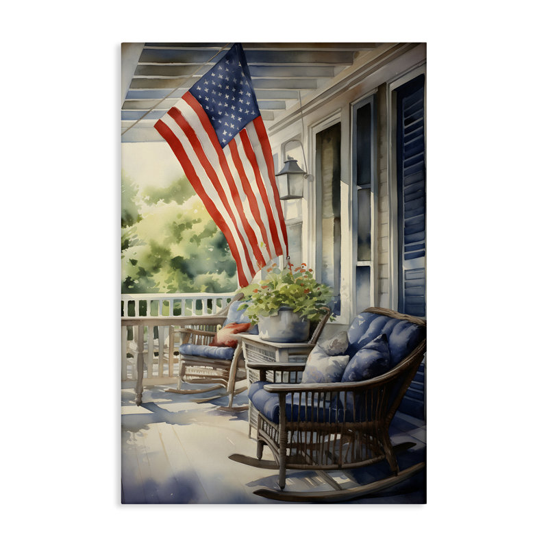 Porche avec drapeau américain, art mural sur toile par Petal Prints Design, H 45 po x l 30 po