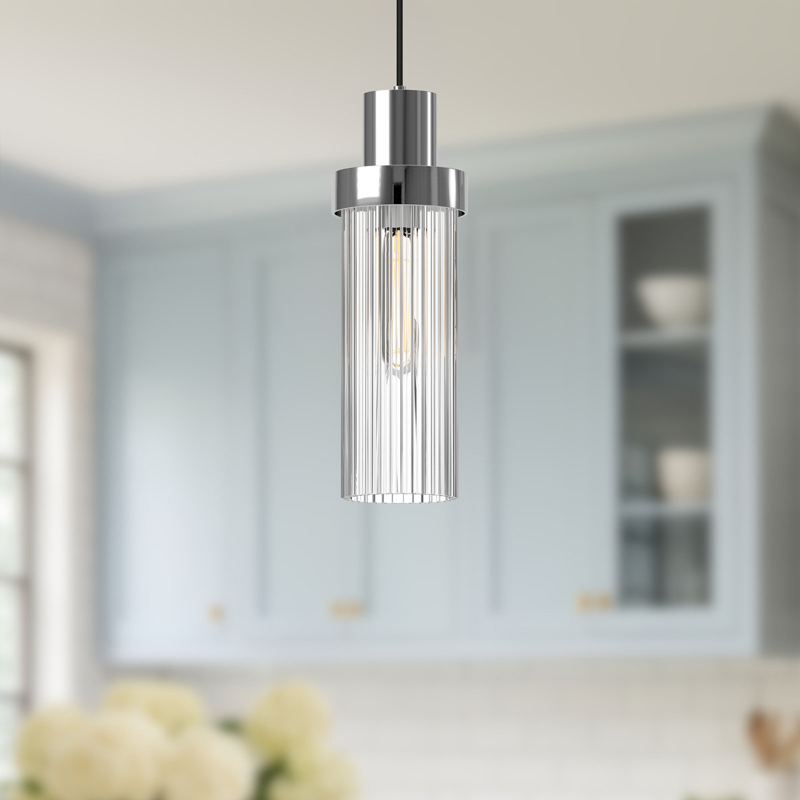 Hermit Single Light Ribbed Glass Pendant, Chrome