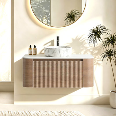 Meuble-lavabo 24 po avec lavabo, armoire murale en noyer avec porte-serviettes gratuit, lavabo simple en céramique de Carrare blanc, sans bonde ni robinet, pré-assemblé