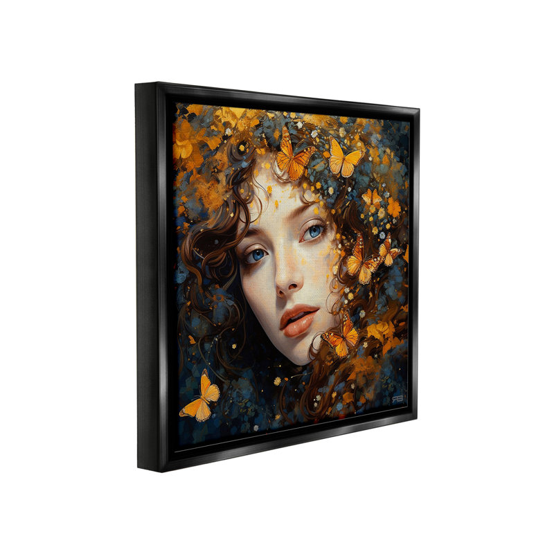 «Woman With Monarch Butterflies Floater Frame» par RB sur toile, H 25 po x l 25 po, Cadre flottant noir de jais