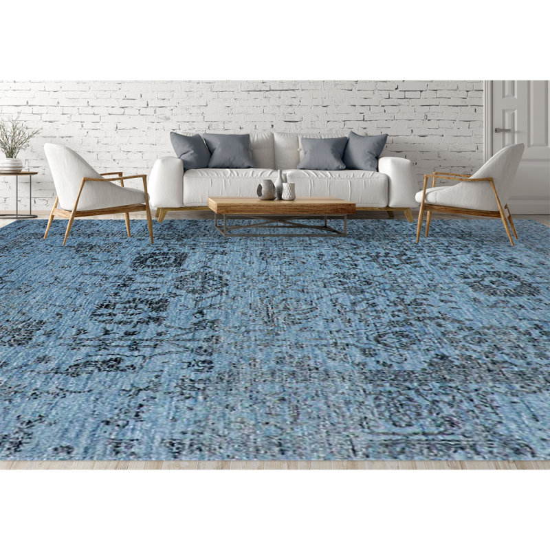 Tapis bleu clair et noir noué à la main de haute qualité, Rectangle 8 pi x 10 pi