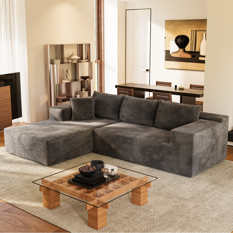 Boneless 108" L-Shaped Cloud Sectional Sofa With 3 Seats, Deep Seat Comfort Compression Couch For Living Room, Gray Corduroy