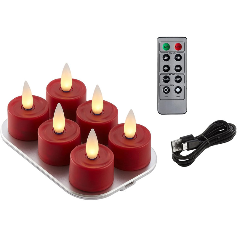 Bougies chauffe-plat en cire véritable sans flamme CozierGlow, flamme scintillante 3D en mouvement à 360 °, base de chargement de type C, minuterie à distance et multi-heures, rouge l 1,4 po x H 1 po, ensemble de 6