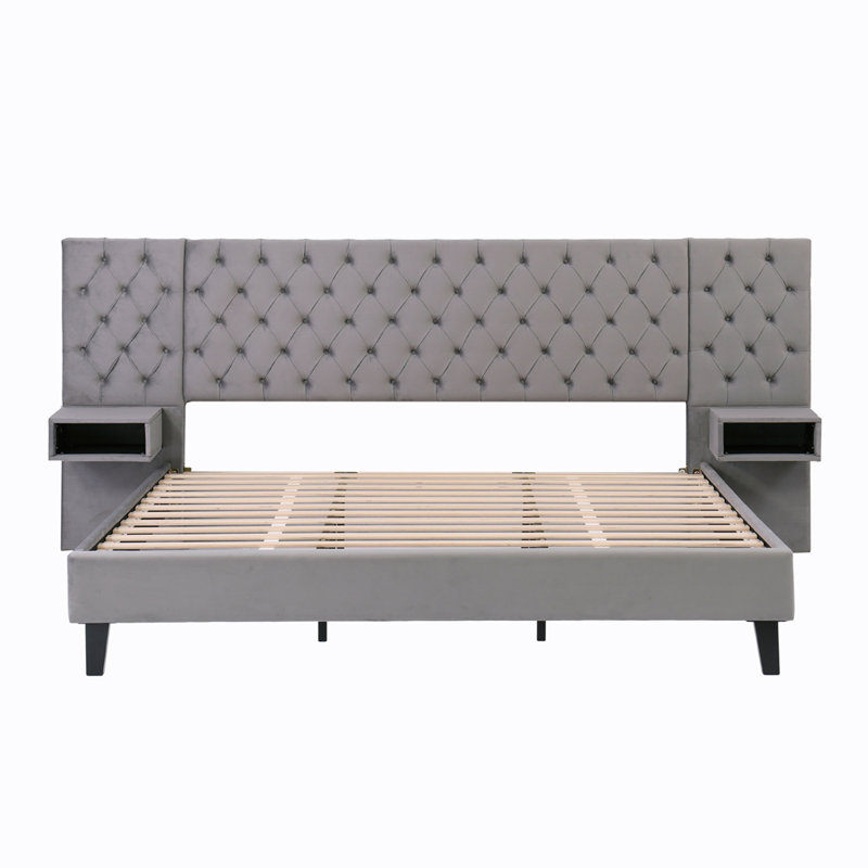 Platform Bed with Headboard, Modern Velvet Upholstered Platform Bed with 2 Nightstands, with diamond tufted, Grey, King