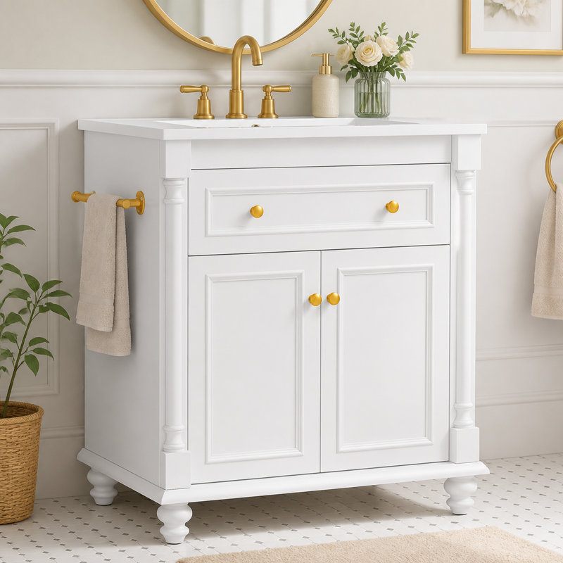 Meuble-lavabo autoportant de 30 po avec lavabo intégré en céramique, tiroir rabattable, armoire de rangement à double porte et quincaillerie dorée
