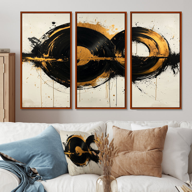 Cercle abstrait en tons de noir et or I - ensemble d'art mural formes abstraites, Toile avec cadre flottant brun