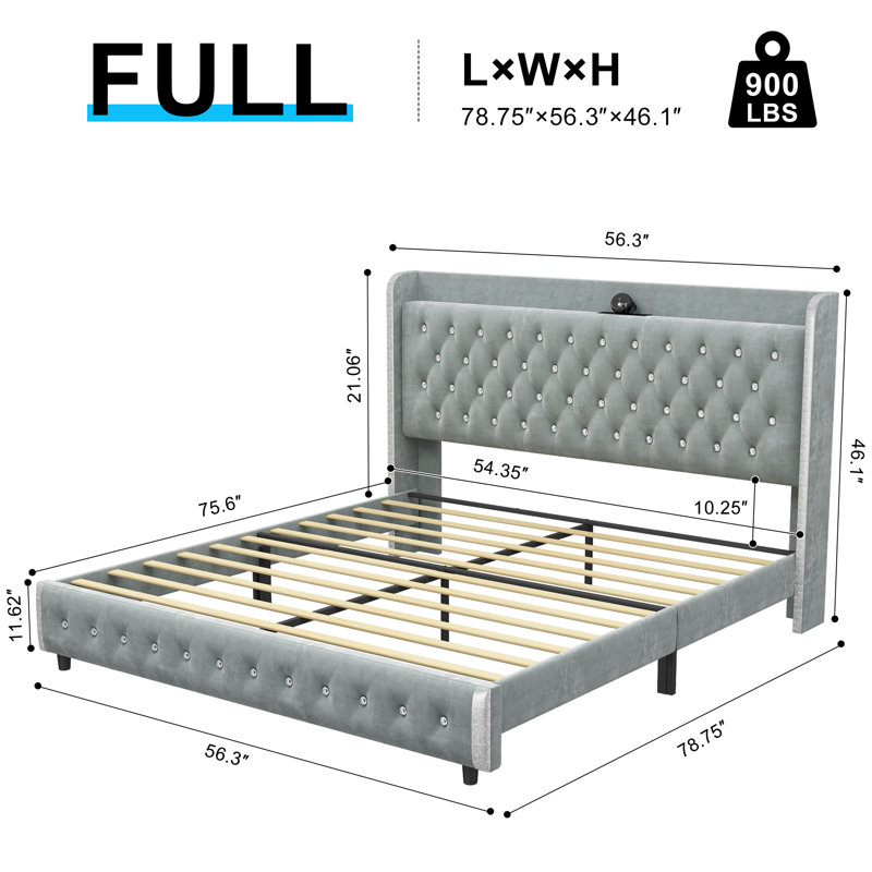 Wingback upholstered platform bed frame with galaxy projector, diamond button headbaord, usb charger, music speaker, Gris