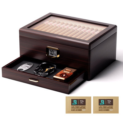Cigar Humidor for 50-80 Cigars with 72% Boveda Packs and Accessory Drawer, Two-Tiered Design with Spanish Cedar Tray and Divider