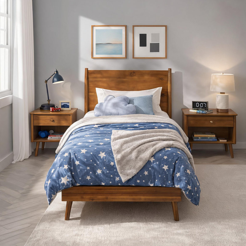 Lit plateforme simple en bois d'acacia massif au fini naturel de style moderne Mid-Century