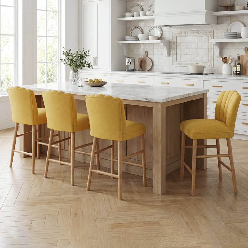 Mid-Century Petal Back Counter Height Bar Stools, Upholstered Bar Chairs with Solid Wood Frame, High Density Foam Cushion for Kitchen Island