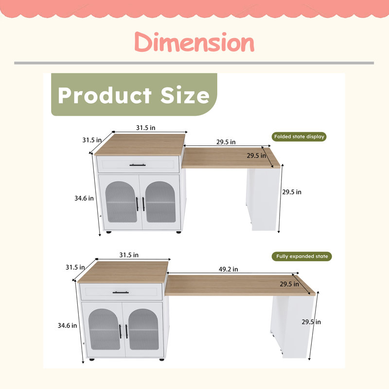 Îlot de cuisine extensible avec table de salle à manger, comptoir en grain de bois massif avec prise de courant, chariot de rangement mobile avec armoire et 2 tiroirs, table de préparation de cuisine