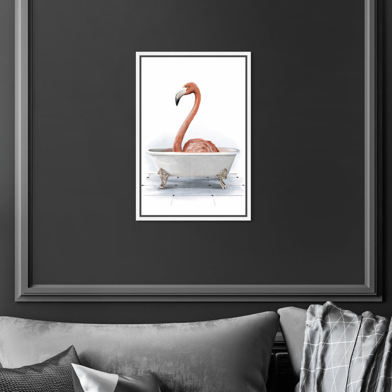 " Bathtub Flamingo ", 24" H x 16" W, Framed Print, White