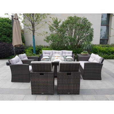 Ensemble de conversation en osier / rotin pour 8 personnes avec coussins mixtes beige et gris