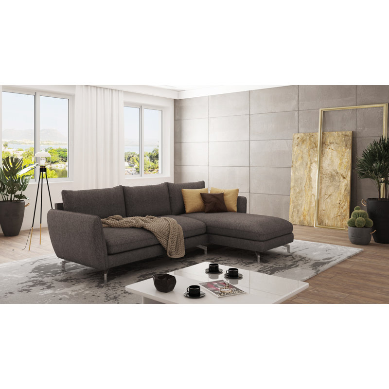 Modern L-Shape Corner Sofa Kimo with Silver Metal Legs, Right Hand Facing, Brown - Khaki