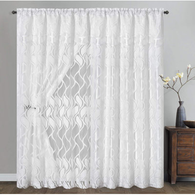 Voile Jacquard Window Curtain Panel Drape With Attached Double Valance And Taffeta Backing. Each Pc 54 Inches Wide X 84 Inches Drop + Valance. (Snow)