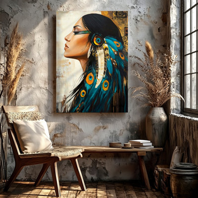 Native American Woman Portrait Blue Feather Headdress Canvas Wall Art Print for living room, bedroom, office, hallway, entryway, gallery wall and modern home decor, decorative accent