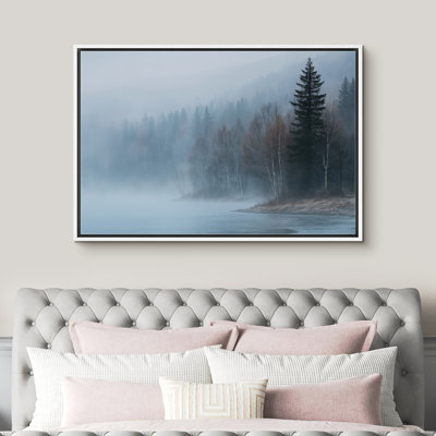 «Foggy Forest Lake with Pine Trees Wall Decor», reproduction d'art sur toile encadrée