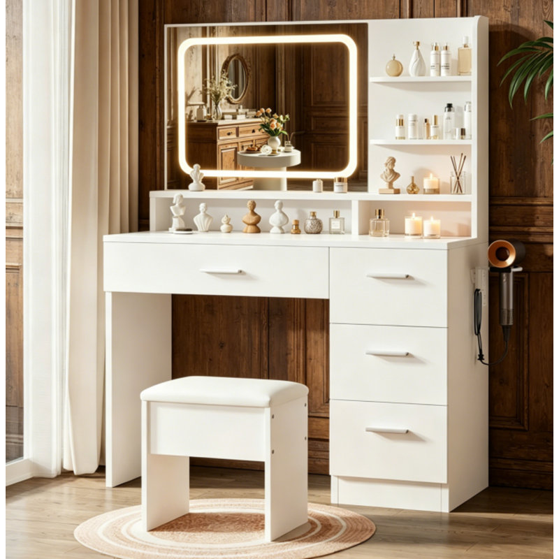Élégante coiffeuse blanche avec miroir à DEL, 4 tiroirs de rangement, prise de courant et tabouret rembourré pour la chambre à coucher