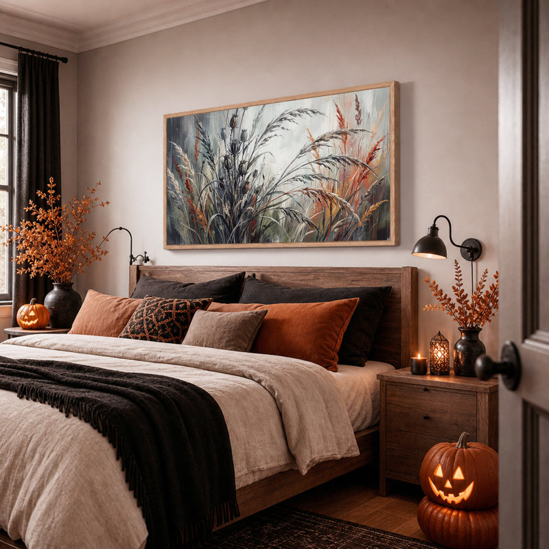 Toile murale d'Halloween : Hautes herbes et gousses de graines, rouille et gris