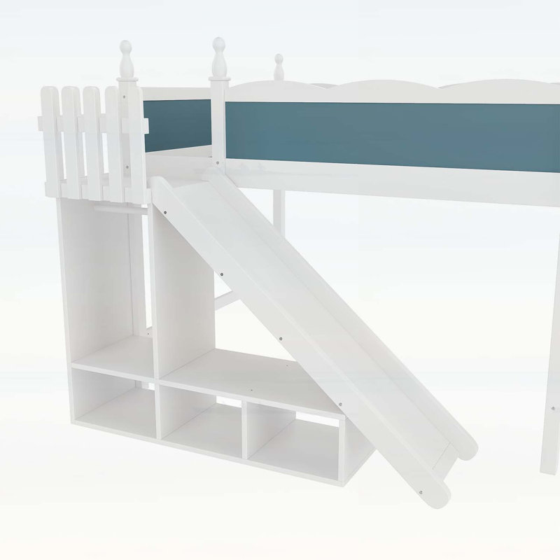 Grand lit mezzanine avec tablettes de rangement, garde-robe et glissière amovible, fabrication en bois massif, aucun sommier tapissier requis, bleu et blanc