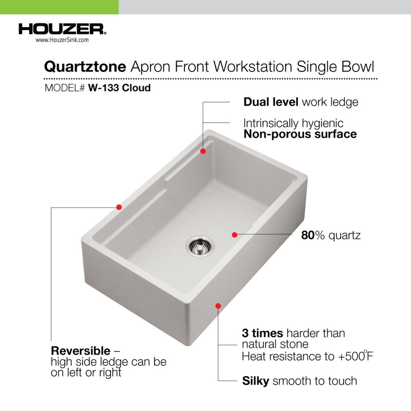 Houzer 33 in  Apron Front Granite Composite Workstation Sink w/ Accessories, White
