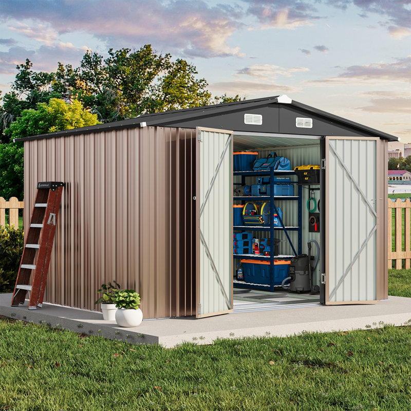 10 Ft. W X 8 Ft. D Metal Storage Shed With Metal Base Frame Kit, 76.4" H x 120.1" W x 96.7" D, Brown