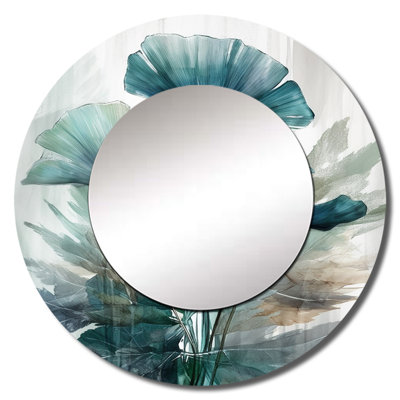 Pintea Tropical Palm Leaves Ginkgo II - Green Unique Mirror, Traditional Large Round Wall Mirror, Printed Metal Art