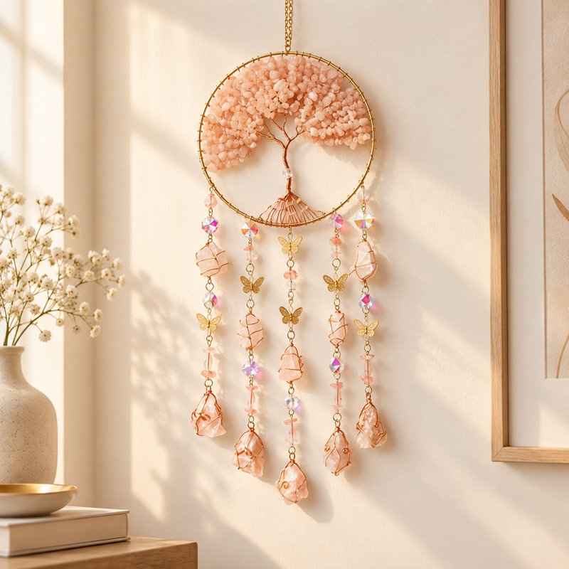 Décoration murale Arbre de Vie avec accents papillons, carillon éolien en cristal naturel