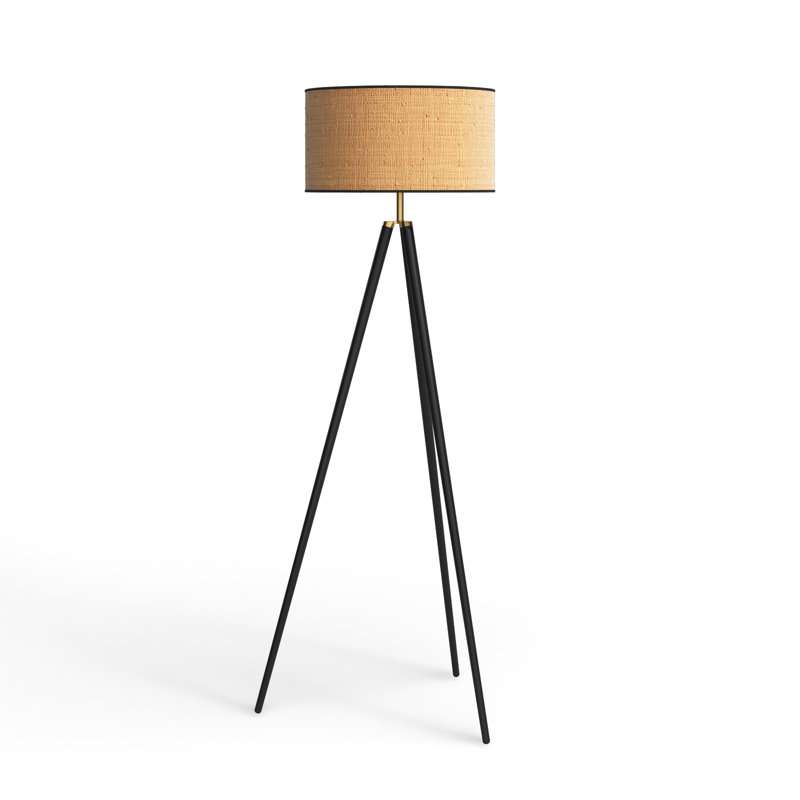 Kisa 60.5'' Dimmable Floor Lamp, Black Wood w. Antique Brass Accents, Woven Natural Rattan Shade w. Black Trim