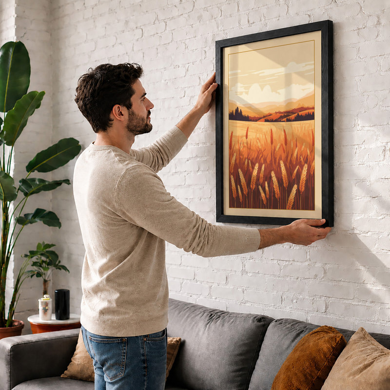 Golden Wheat At Dusk Rustic - Print, Walnut, A4 - 29.7 x 21.0 cm