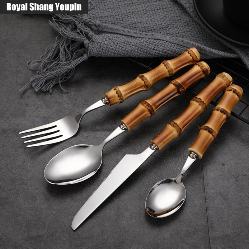 Ensemble de couverts en acier inoxydable avec poignées en bambou de qualité supérieure - Vaisselle de cuisine durable, résistante à la rouille et lavable au lave-vaisselle