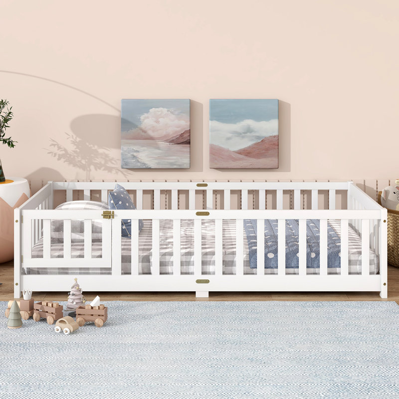 Twin Size Floor Bed With Fence And Door,Rubber Wood Floor Bed With Safety Guardrails, Twin, White