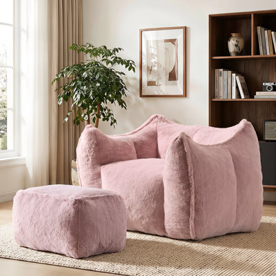 Faux Rabbit Fur Giant Bean Bag Chair with Ottoman, Oversized Memory Foam Lazy Floor Sofa , Fluffy Deep Seat Floor Lounge Chair for Bedroom Living Room, No Assembly Required (Pink)